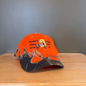 Hunter's Lodge Wayne Kathy Butte ND Dog Duck Hunting Orange Camo Adjustable Hat